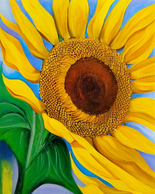 Prompt: painting of a sunflower by Georgia O'Keefe, oil on canvas, stylized, colorful, loose brush strokes