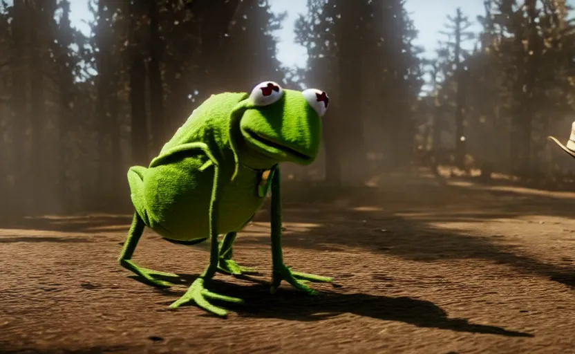 Image similar to kermit the frog in red dead redemption 2, cinematic shot, 4 k