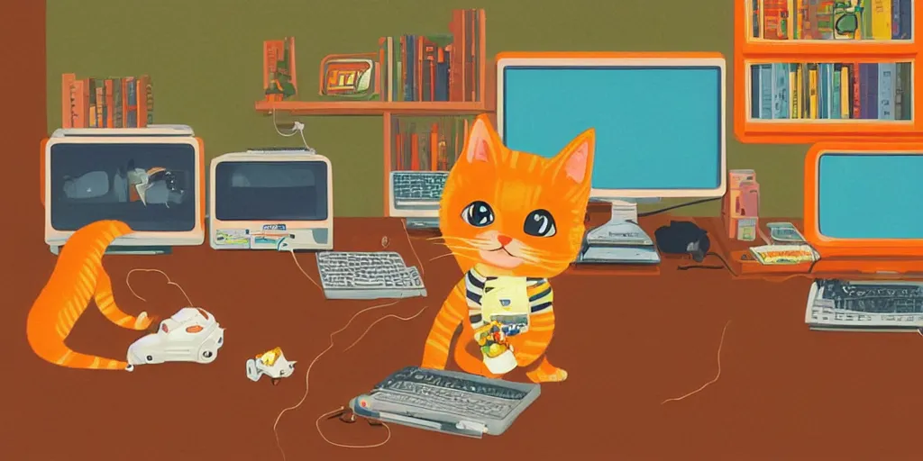 Prompt: an orange tabby kitten playing pc games by richard scarry