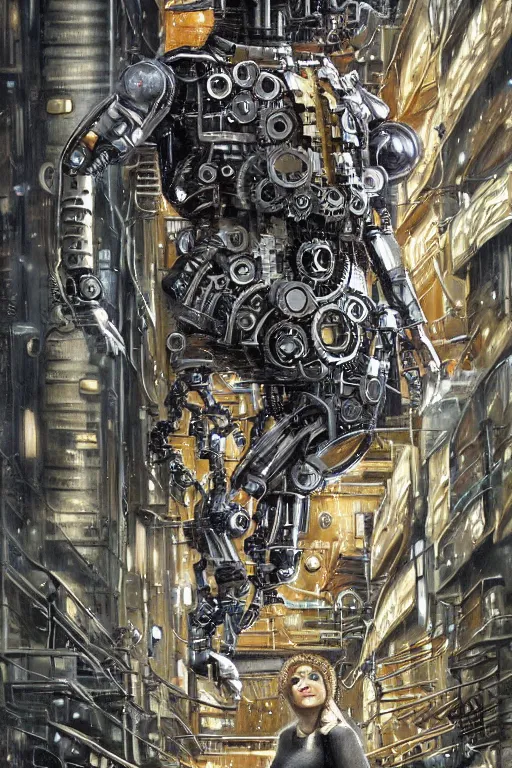 Prompt: a highly detailed retro futuristic female android with gears and other mechanical parts made out of pasta standing in a dank alleyway from blade runner, a robot made out of pasta, painting by Johanna Martine and Julie Bell