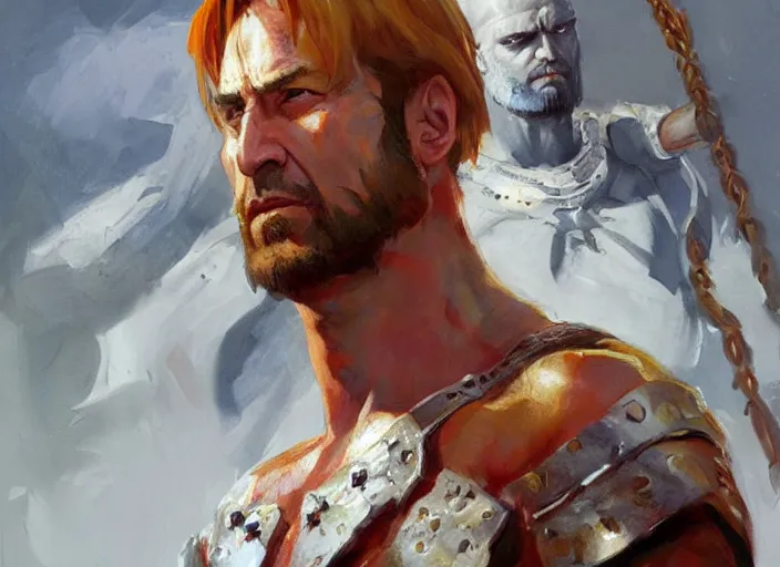 Image similar to a highly detailed beautiful portrait of saul goodman as kratos, by gregory manchess, james gurney, james jean