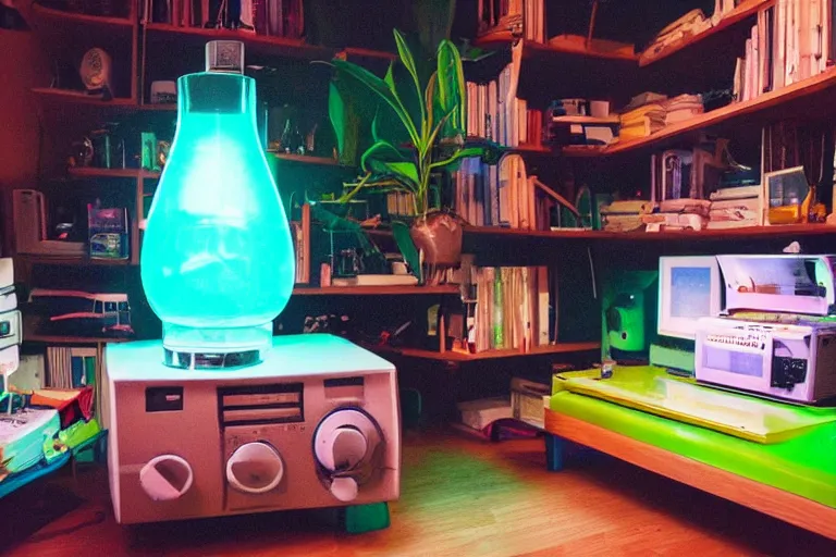 Prompt: apartment organization inspo, inside of a lava lamp, frog themed, in 2 0 5 5, y 2 k cybercore, bright - light photography, bathed in the glow of a crt monitor, still from a wes anderson movie