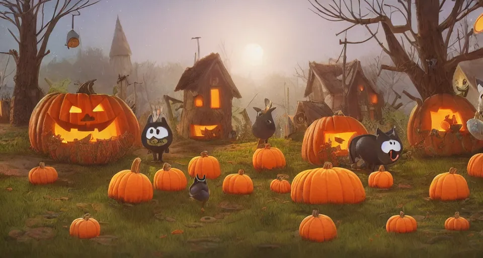 Image similar to animals living in a pumpkin patch village, rustic, story book, over the garden wall, beautiful, highly detailed, artstation, soft lighting,