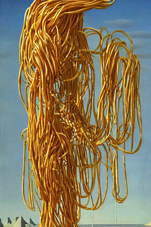 Prompt: A Monumental Public Sculpture of a 'Cyborg made of spaghetti with a Portal in its stomach ' on a pedestal by the Sea, surreal oil painting by Rene Magritte and Max Ernst shocking detail hyperrealistic!! Cinematic lighting