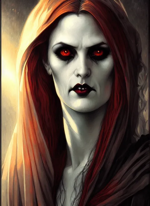 Image similar to an art nouveau, evil vampire portrait in the style of charlie bowater, and in the style of donato giancola, and in the style of charles dulac. very large, clear, expressive, intelligent eyes. symmetrical, centered, ultrasharp focus, dramatic lighting, photorealistic digital painting, intricate ultra detailed background.