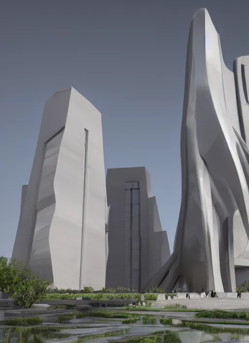 Image similar to highly detailed realistic architecture 3 d render of a huge high futuristic concrete stele sculpture in zaha hadid style standing in city park, archdaily, made in unreal engine 4 octane render