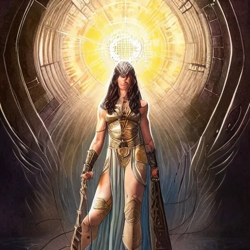 Prompt: evangeline Lilly as a priestess calling down thunder, symmetrical, smooth, sharp focus, art by magali villeneuve and art germ, concept art, very high quality