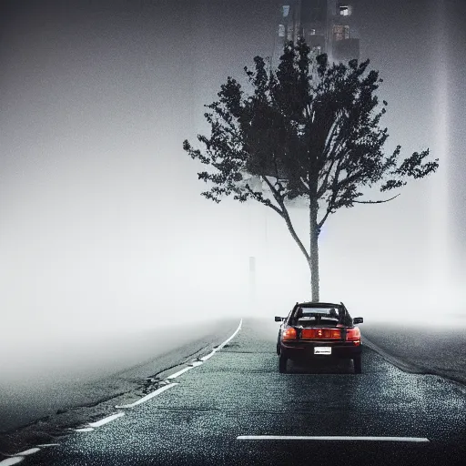 Prompt: television tower behind the trees at night with a man and car on the road in front with the fog, in the style of david lynch, movie camera low aperture