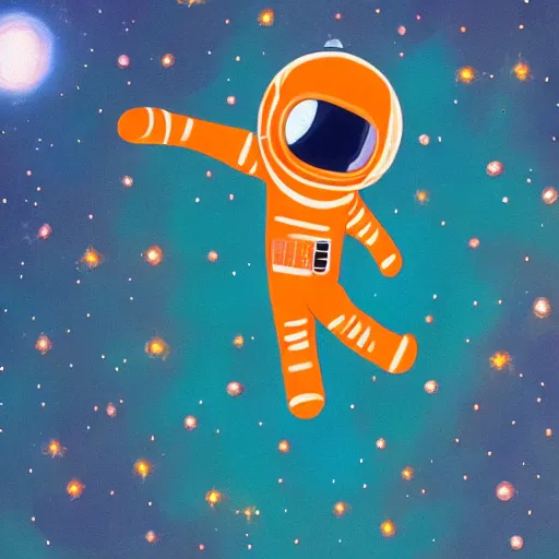 Prompt: Intricate ultradetailed portrait of an orange astronaut floating in space surrounded by vibrant nebula and stars, trending on Flicker