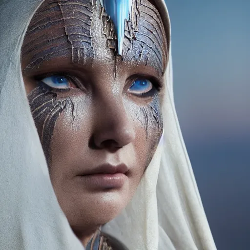 Image similar to a dark priestess from the movie Dune, exquisite, shot with a DSLR, trending, detailed fabrics, 8k