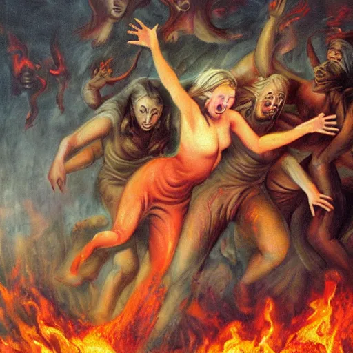 Prompt: painting of a woman falling into hell with a bunch of demons around her