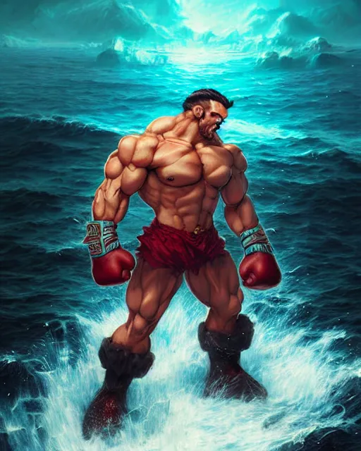 Image similar to gigachad luigi bodybuilder fighting like street fighter in ocean, fantasy character portrait, ultra realistic, anime key visual, full body concept art, intricate details, highly detailed by greg rutkowski, ilya kuvshinov, gaston bussiere, craig mullins, simon bisley