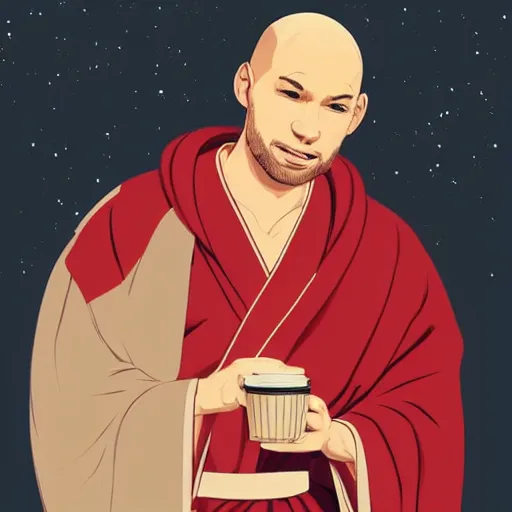 Image similar to a bald, coffee - skinned terrence boyd as a saint with halo wearing a red kimono, clean cel shaded vector art. shutterstock. behance hd by lois van baarle, artgerm, helen huang, by makoto shinkai and ilya kuvshinov, rossdraws, illustration,