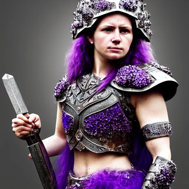 Prompt: photo of a beautiful strong warrior queen wearing amethyst encrusted armour, highly detailed, 4 k, hdr, smooth, sharp focus, high resolution, award - winning photo