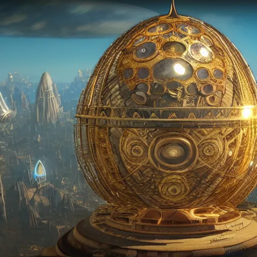 Image similar to enormous flying city in a faberge egg, sky, steampunk, fantasy art, masterpiece, unreal engine