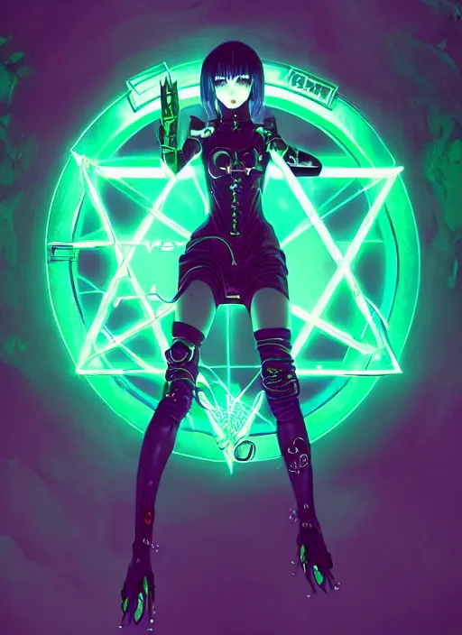 Image similar to portrait of cyberpunk inspired evangelion lady voidstar drawing a pentagram, runes, runic words, ancient evil letters, glowing green, intricate, elegant, glowing lights, highly detailed, digital painting, artstation, concept art, smooth, sharp focus, illustration, art by wlop, mars ravelo and greg rutkowski
