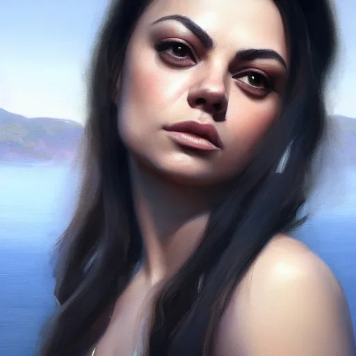 Image similar to mila kunis closeup portrait, dramatic light, lake background, 2 0 0 mm focal length, painted by stanley lau, painted by greg rutkowski, painted by stanley artgerm, digital art, trending on artstation