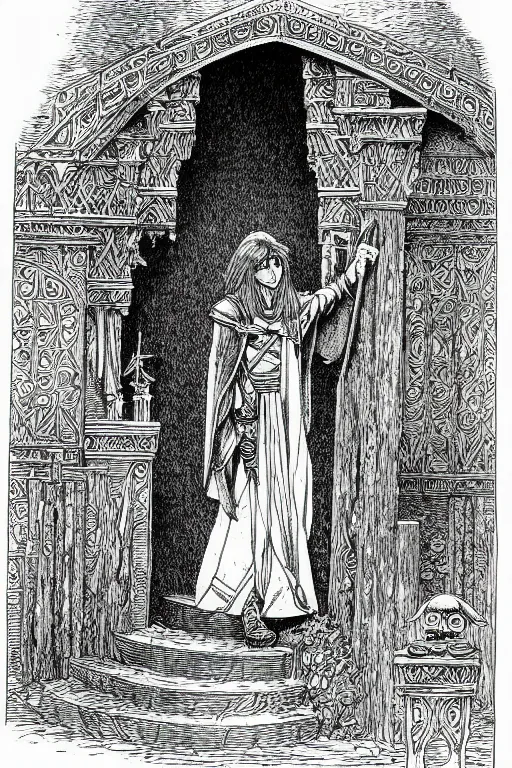 Prompt: tunic link entering the labyrinth pen-and-ink illustration by Franklin Booth