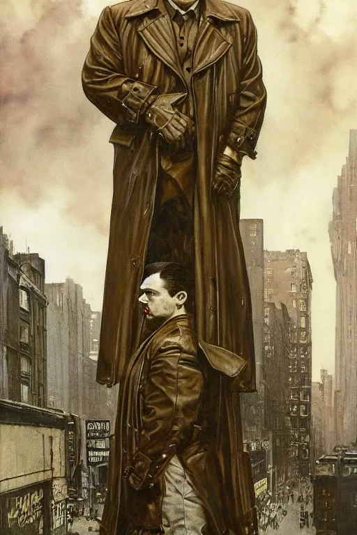 Image similar to full length portrait of eddie hall as a huge tall hulking marvel gangster wearing a leather trench coat standing on street 1 9 3 0 s new york, by lawrence alma tadema and zdzislaw beksinski and norman rockwell and jack kirby and tom lovell and greg staples and michael alford