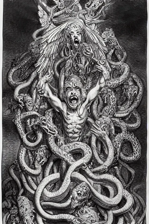 Prompt: very detailed ink drawing of a screaming head of an angel with snakes coming out from the eyesockets, surrounded by serpents by gustave dore, poster, fine art