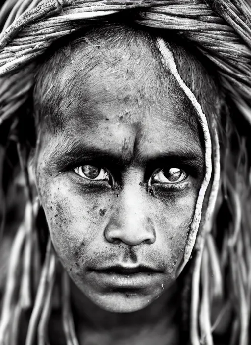 Image similar to Award winning Editorial photo of a Native Nauruans with incredible hair and beautiful hyper-detailed eyes wearing traditional garb by Lee Jeffries, 85mm ND 5, perfect lighting, gelatin silver process