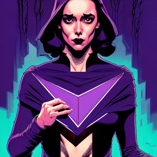 Prompt: rafael albuquerque comic cover art, artgerm, joshua middleton, pretty stella maeve witch doing black magic, serious look, purple dress, symmetrical eyes, symmetrical face, long black hair, twisted evil dark forest in the background, cool colors