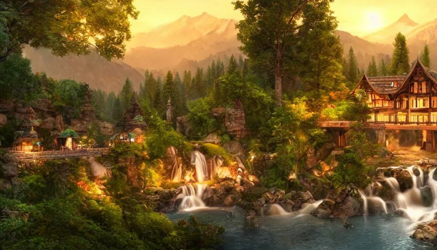 Image similar to rivendell with mcdonald's restaurant built in the mountains with waterfalls and forest at the foot of green gigantic mountains at sunset, fireplace, hyperdetailed, artstation, cgsociety, 8 k