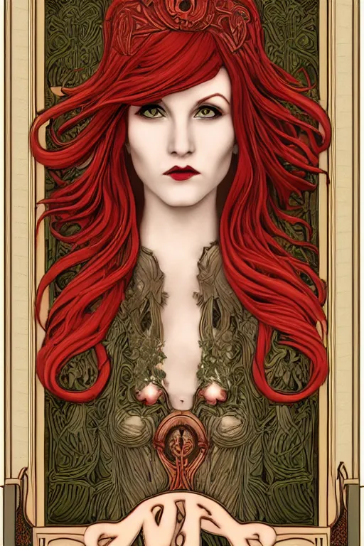 Prompt: art nouveau goddess face and red hair : : horror : : framed in art nouveau scroll work : : perfect female face : : vfx, postprocessing, cgsociety, 8 k, high resolution, enhanced 8 k render, sharp details, hyperrealistic, cinematic, moody, insane details, high resolution, movie concept art