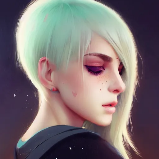 Image similar to very cool girl blonde hair black back, mint higlights, strong eyelashes, cute nose and lips makeup, nose piercing, detailed portrait, intricate complexity, by greg rutkowski, artgerm, ross tran, conrad roset, takato yomamoto, ilya kuvshinov. 4 k, beautiful, cinematic dramatic atmosphere