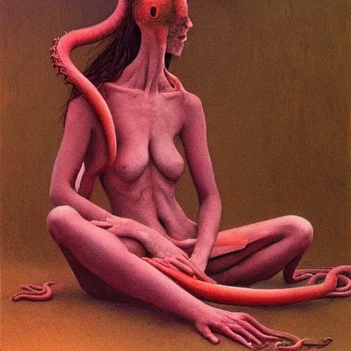 Prompt: clothed woman with tentacles as appendages, painting by Zdzislaw Beksinski and Marat Safin