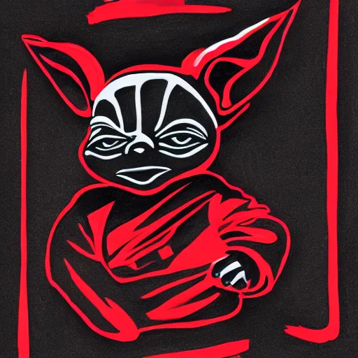 Prompt: abstract logo drawing of black and red baby yoda with black background, high contrast, 4k