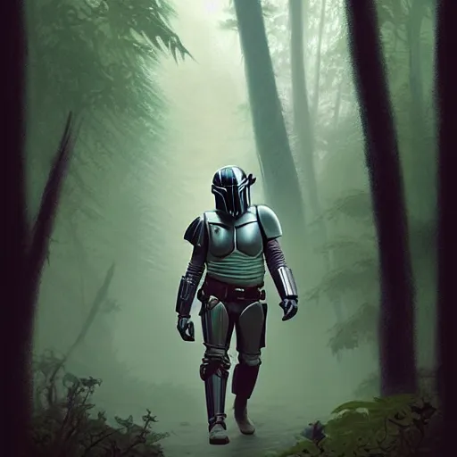 Image similar to the mandolorian walking in a dense forest with a foggy overcast by charles vess and james jean and erik jones and rhads, inspired by star wars, intricate high details, sharp, ultradetailed, unreal 5, hyper realistic