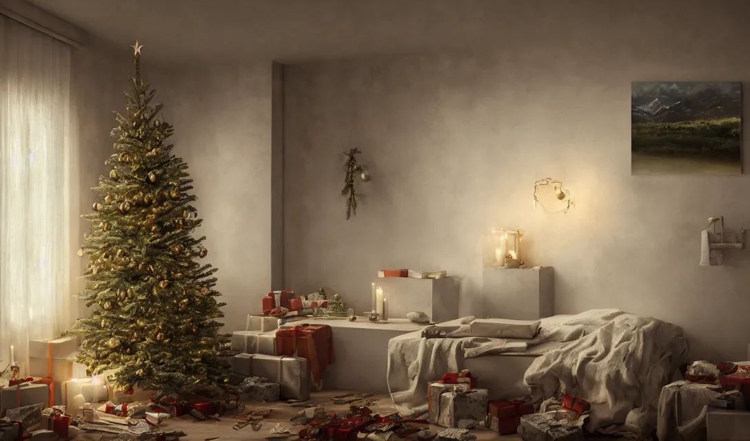 Image similar to a christmas eve photorealistic landscape painting on the wall, ascher clemens, home, interior, octane render, deviantart, greg rutkowski, cinematic, key art, hyperrealism, canon eos c 3 0 0, ƒ 1. 8, 3 5 mm, 8 k, medium - format print