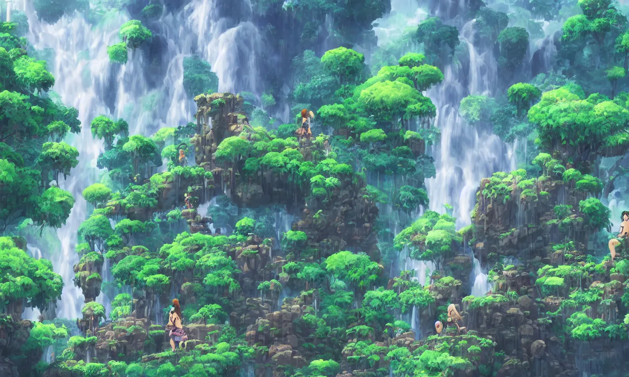 Prompt: a giant elephant stone golem in a lush landscape, a blue warrior girl in front of it, waterfalls on the left, epic, in style of studio Ghibli