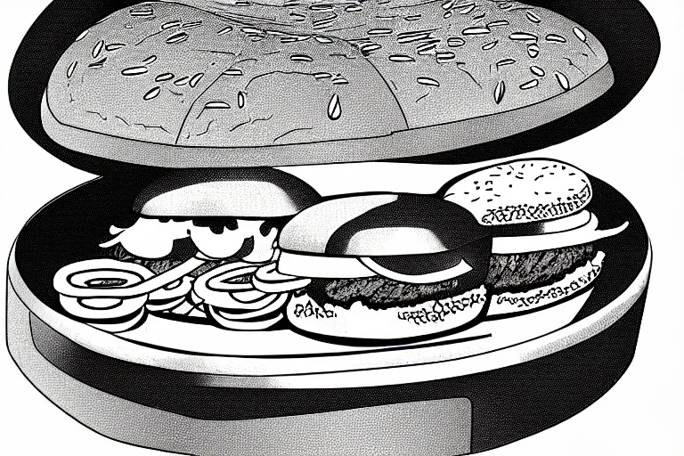 Image similar to a burger inside a safe vault fill with hotdogs eating them, scratched drawing