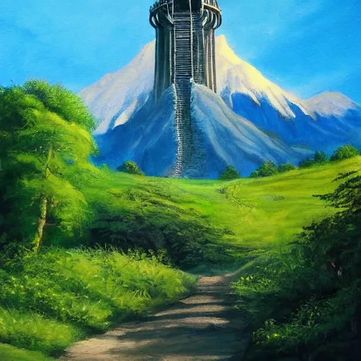 Image similar to painting lord of the rings idyllic landscape, forrest, tower