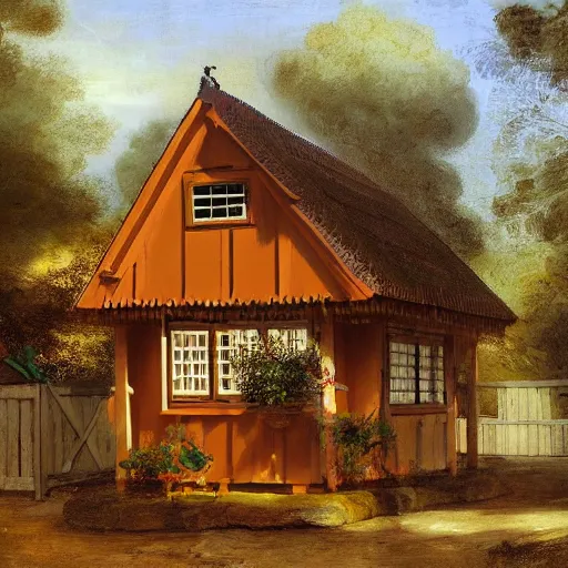 Prompt: small wooden german garden house, brown, plastic roofed veranda with brown wood side fence, rembrandt style painting, extremely wide angle