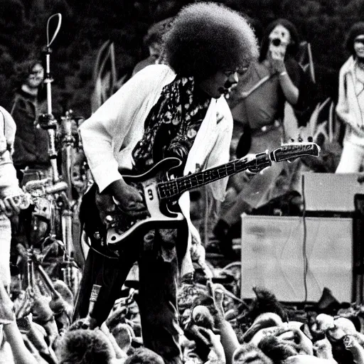 Image similar to HD digital photograph of Jimi Hendrix at Woodstock, ultra realistic, powerful, iconic, love peace and unity, hippy, flower power