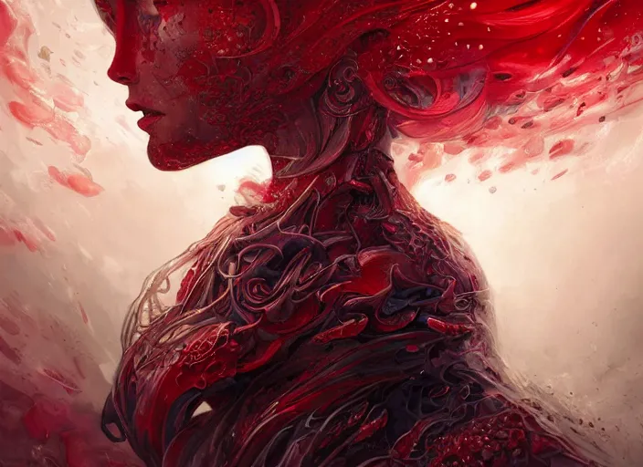 Image similar to woman in love sit upon a scarlet coloured beast, pain, light effect, hyper detailed, elegant, highly detailed, digital painting, artstation, concept art, matte, sharp focus, illustration, by james jean, andrei riabovitchev, marc simonetti, yoshitaka amano