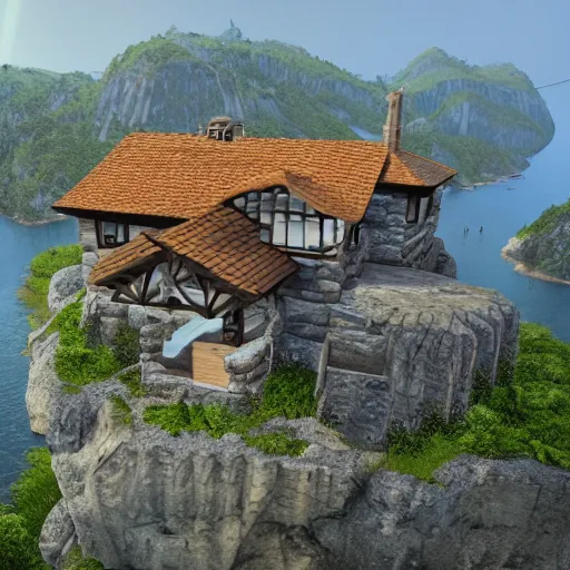 Prompt: house on the top of mountain island, unreal engine, high detail, realism, award winning, detailed lighting