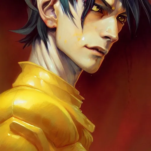 Prompt: portrait of hisoka hunter hunter, male, upper body sharp jaw yellow eyes small eyes red hair, medium length hair, anime, fantasy, intricate, elegant, highly detailed, digital painting, artstation, concept art, matte, sharp focus, illustration, art by artgerm and greg rutkowski and alphonse mucha