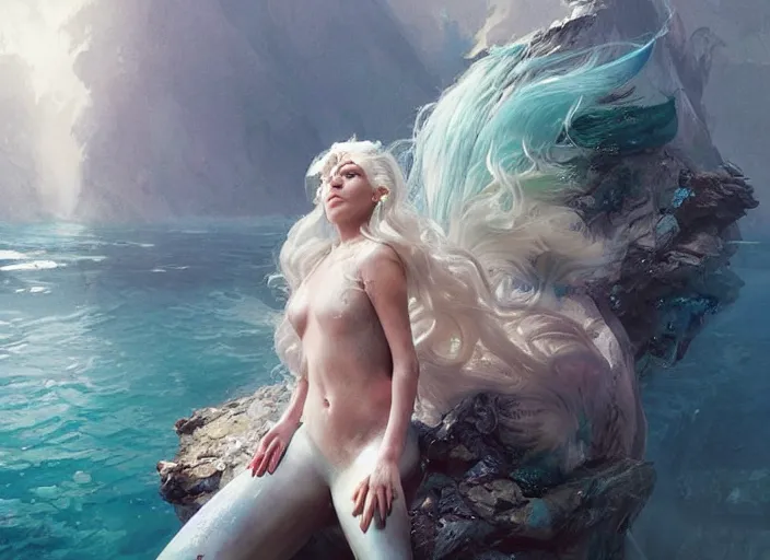 Image similar to lady gaga as a mermaid, intricate, sharp focus, lens flare, bloom, illustration, highly detailed, digital painting, concept art, matte, art by ruan jia and wlop and greg rutkowski