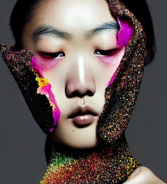 Image similar to photography facial portrait of liu wen, natural background, natural pose, wearing stunning cape by iris van herpen, with a colorfull makeup. highly detailed, skin grain detail, photography by paolo roversi, nick knight, helmut newton, avedon, araki