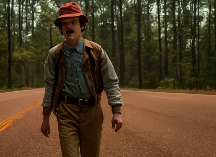 Image similar to film still of!!!!! frank farmer!!!!! as jim hopper in the upside down in stranger things, 4 k