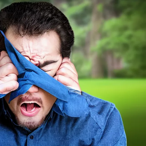Prompt: man sneezing so hard his head falls off realistic