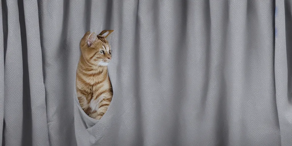 Prompt: shower curtain product catalog. wide - angle photo. on the curtain is a tabby cat wearing a large head towel coming out of a bathtub, product photography of a shower curtain, product lighting. 4 k, highly detailed. saturated.