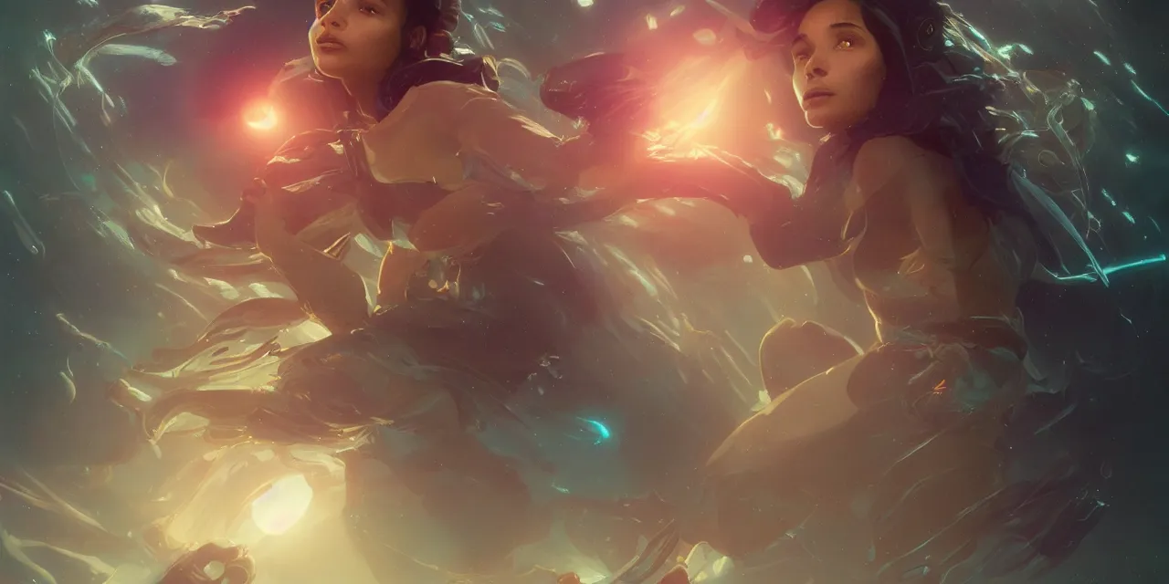 Image similar to dream zoe kravitz astronaut, underwater in the ocean at night, atmospheric, volumetric lighting, glowing lights, 4k, octane, digital painting, artstation, concept art, sharp focus, illustration, art by artgerm and greg rutkowski and alphonse mucha