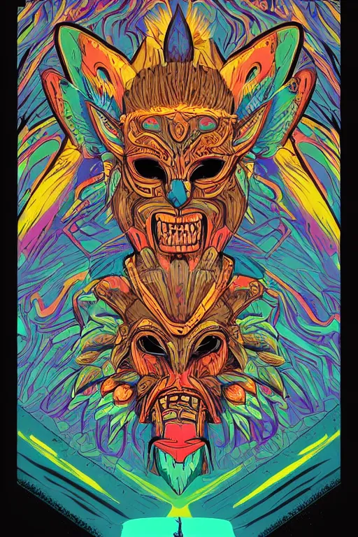 Image similar to totem animal mask tribal feather gemstone plant wood rock shaman vodoo video game vector illustration vivid multicolor borderlands comics by josan gonzales and dan mumford radiating a glowing aura