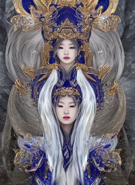 Prompt: side portrait of a Korean female Celestial Goddess, scifi, white hair, gold and royal blue luxurious armour, trending on artstation, gsociety, elegant, high-end, ethereal and dreamy theme, at Pamukkale, thermal waters flowing down white travertine terraces, highly detailed, realistic eyes, detailed illustration, smooth, sharp focus, upper body, intricate, rule of thirds, holy glow, backlit, dark background hd 4k by Greg Rutkowski, Alphonse Mucha, Ayami Kojima, Charlie Bowater, Artgerm, Loish, Kentaro Miura, Karol Bak, Greg Hildebrandt, Norman Rockwell