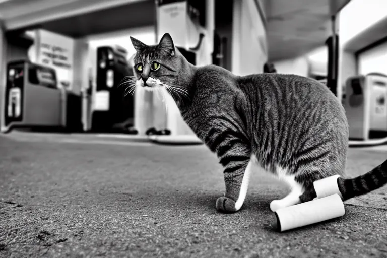 Image similar to cat smoking a cigarette in the gas station wide angle lens